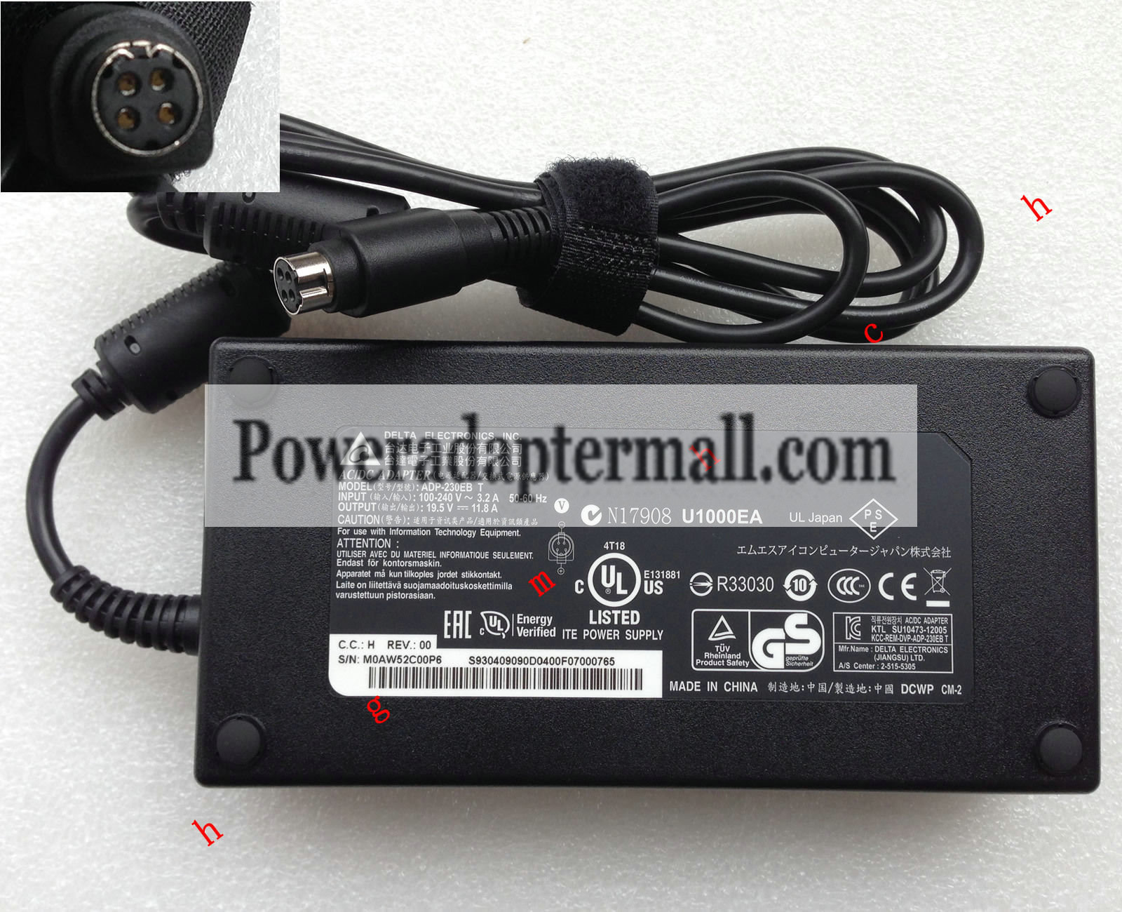 230W 19.5V 11.8A Clevo P170SM-A Gaming Laptop AC Adapter 4-pin