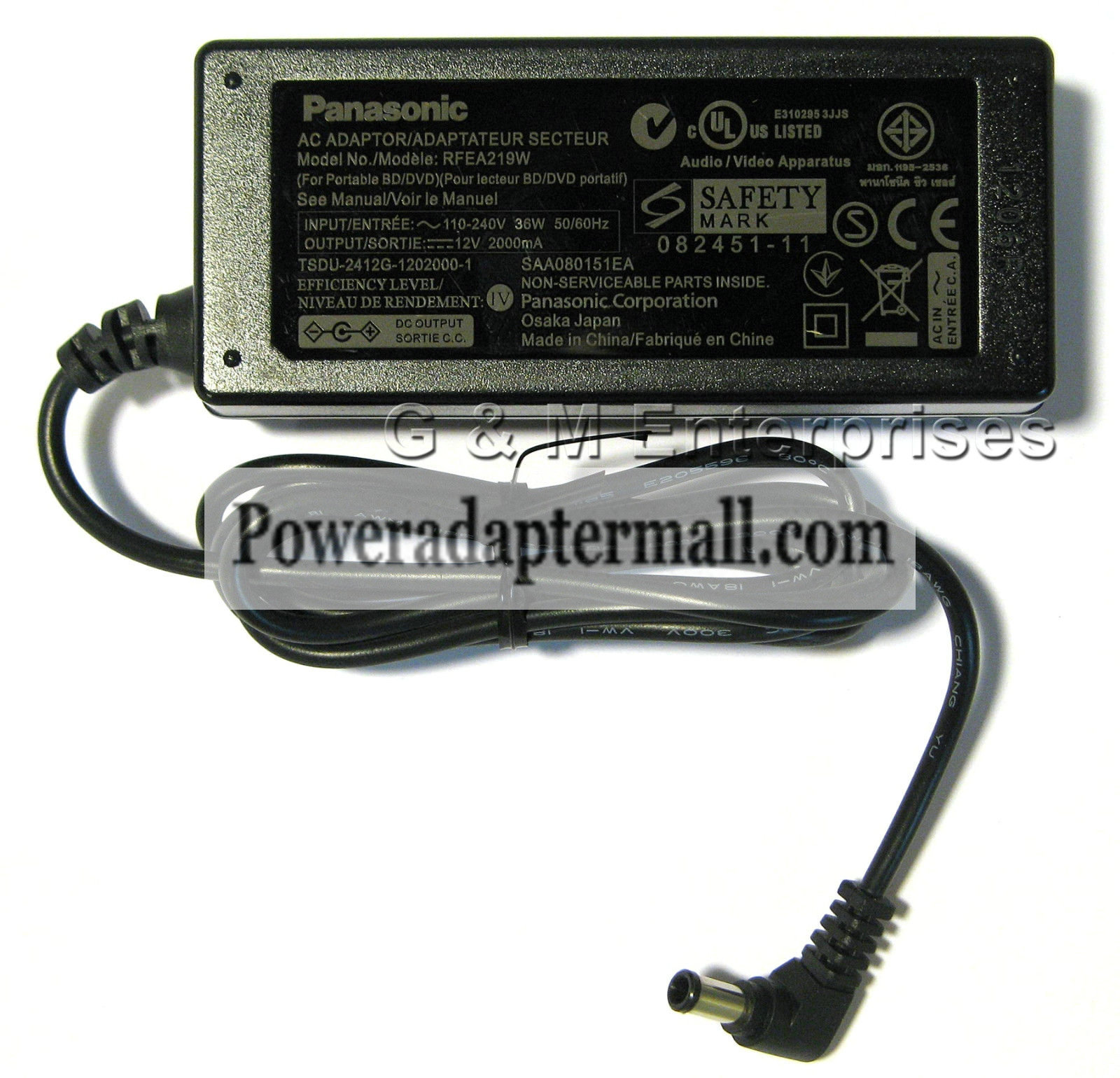 12V 2A Panasonic RFEA219W DVD-LS50/LS80/LS90 Power AC Adapter