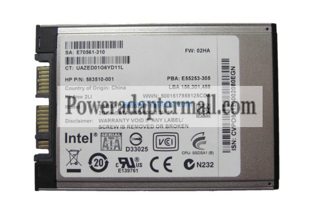 583510-001 HP Hard Drive 80GB 1.8" SATA Intel SSDSA1M060G2HP