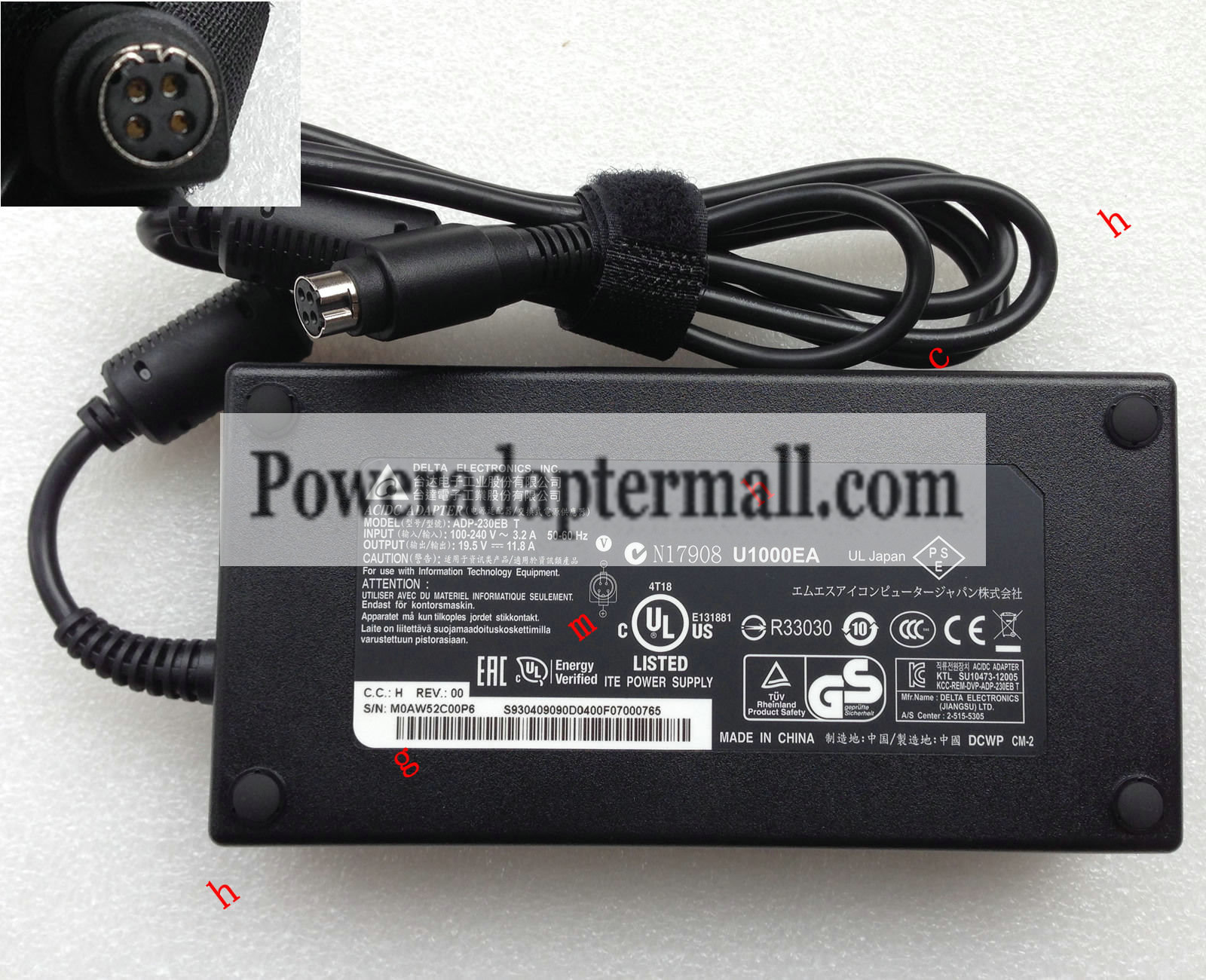 Delta 230W 19.5V 11.8A Clevo X811 Gaming Laptop AC Adapter 4-pin - Click Image to Close