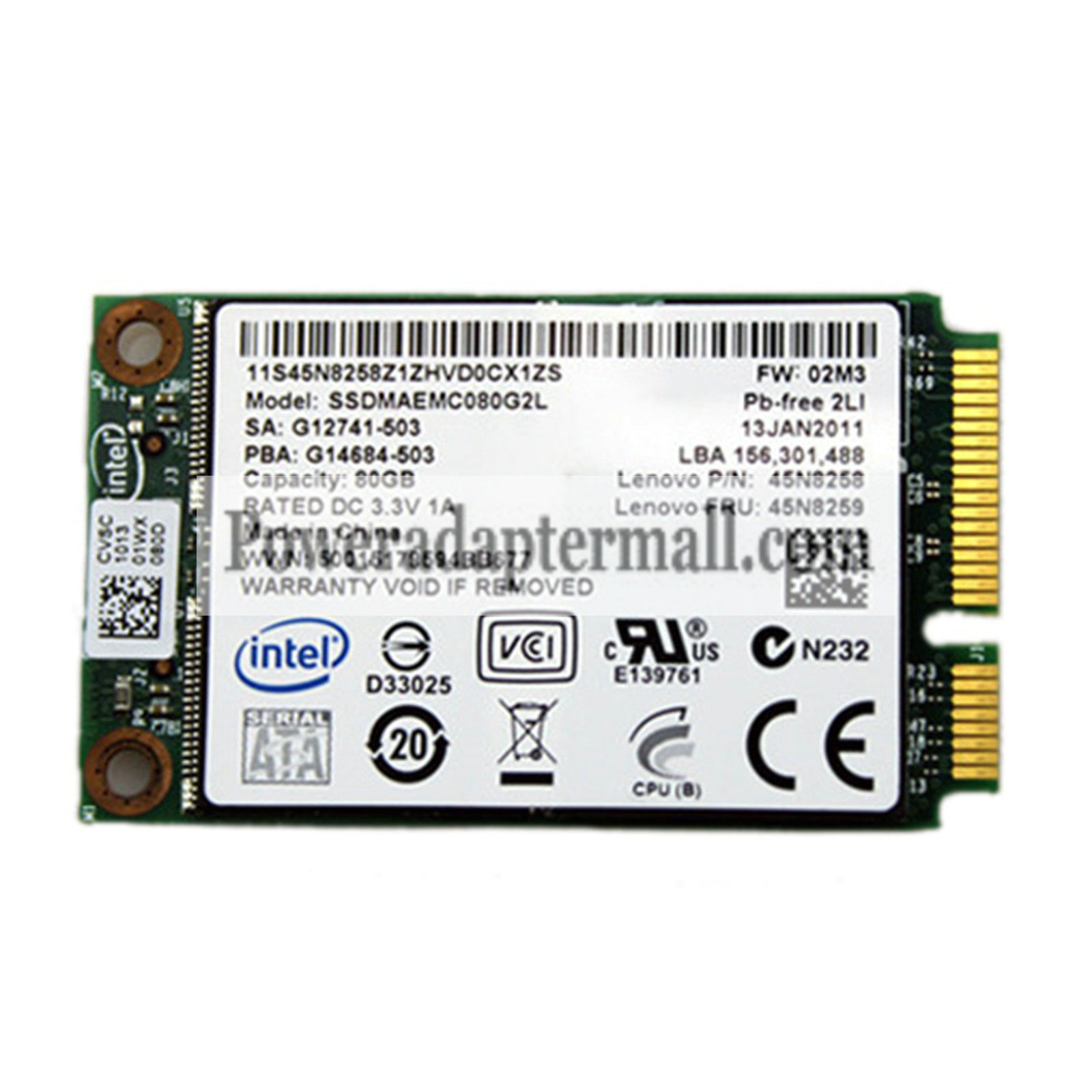 Intel 80GB mSATA SSD mini PCIE Solid State Drive SSDMAEMC080G2L - Click Image to Close